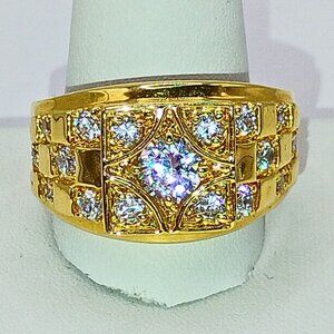Mens 18K Gold Plated Cubic Zirconia Nugget Ring Size 14 Inlay Geometric Shimmer